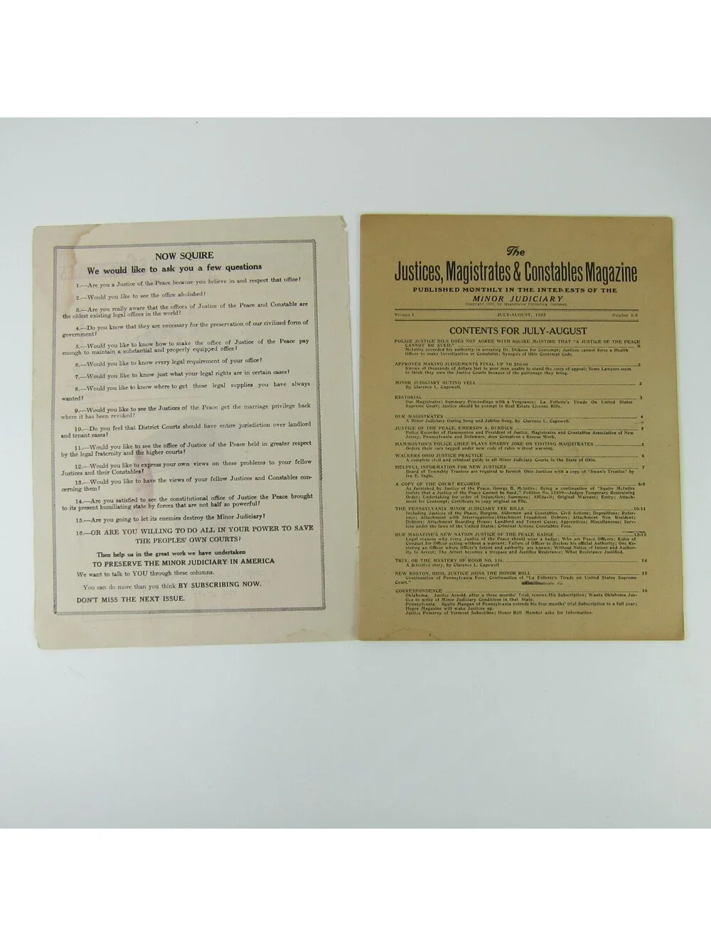 Justices Magistrates & Constables Magazine Ohio July - August 1922 Antique RARE